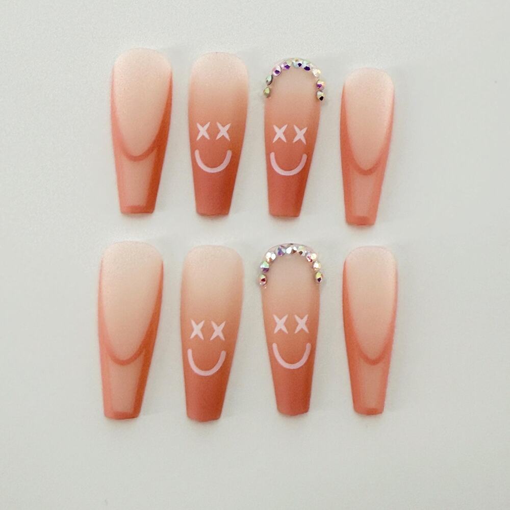 24Pc Pink Long Smile Face 3D Rhinestone Nails